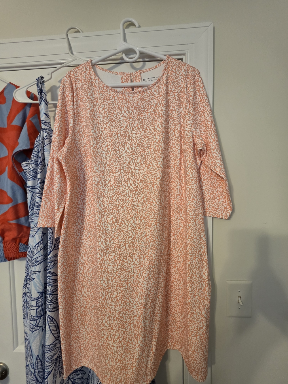 Southern Tide Peach-White Printed Long Sleeve Shift Dress